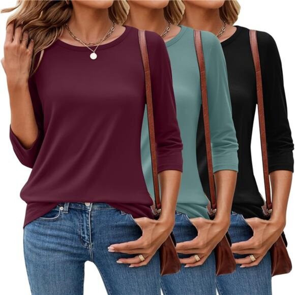 3 Pack 3/4 Sleeve Tops for Women - Round Neck Fall Basics, Casual Trendy - Picture 1 of 6